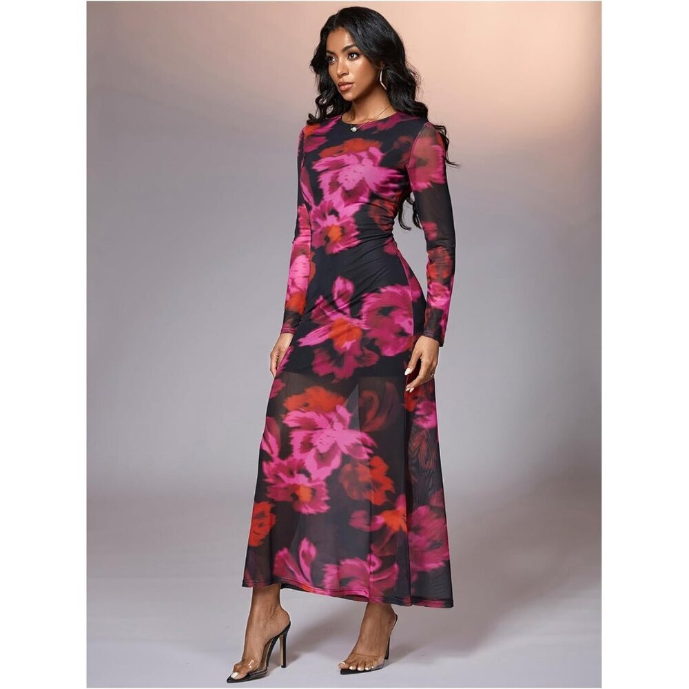Women's Pink Floral Mesh Maxi Dress Elegant Long Sleeve Spring Cocktail - Picture 4 of 5